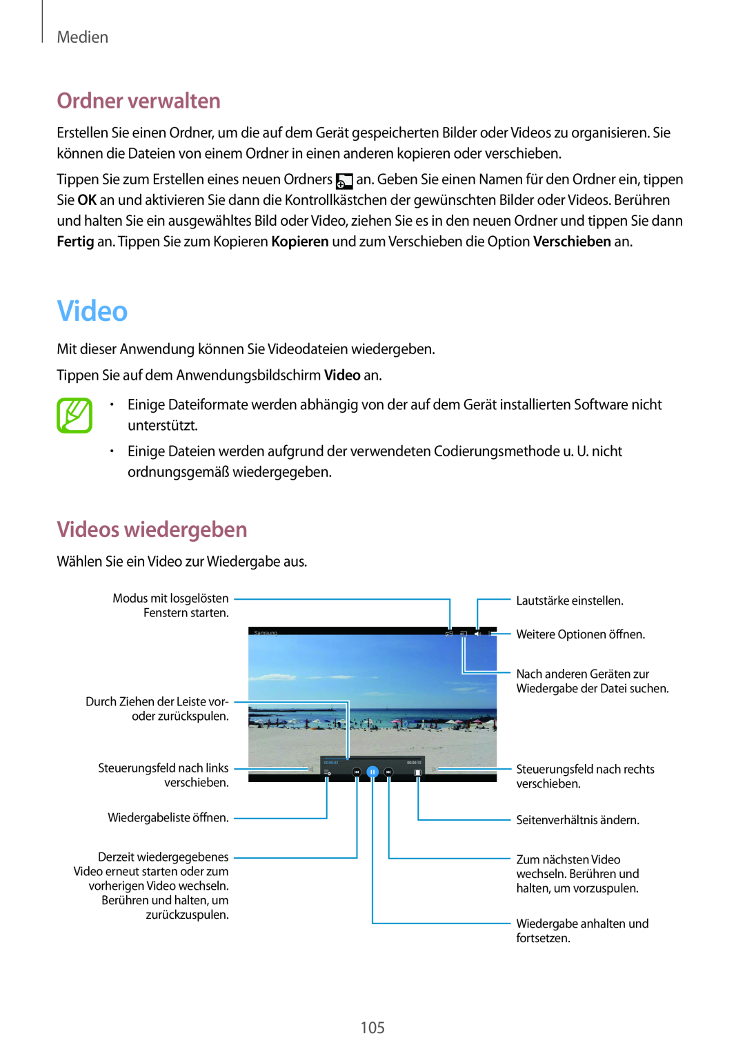 Samsung SM-P9000ZKAXEO manual Ordner verwalten, Videos wiedergeben, Medien, Steuerungsfeld nach links verschieben 