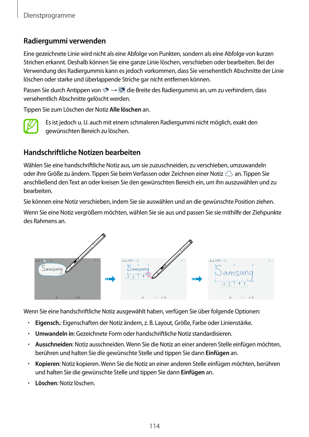 Samsung SM-P9000ZKYEUR, SM-P9000ZWAATO manual Radiergummi verwenden, Handschriftliche Notizen bearbeiten, Dienstprogramme 