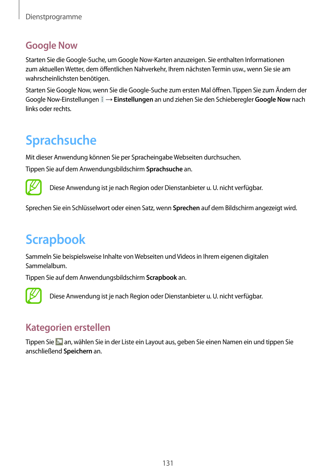 Samsung SM-P9000ZKAXEO, SM-P9000ZWAATO manual Sprachsuche, Scrapbook, Google Now, Kategorien erstellen, Dienstprogramme 