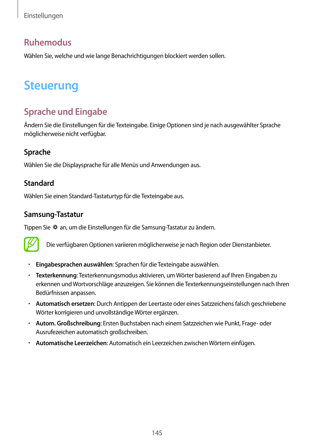 Samsung SM-P9000ZKASEB manual Steuerung, Ruhemodus, Sprache und Eingabe, Standard, Samsung-Tastatur, Einstellungen 