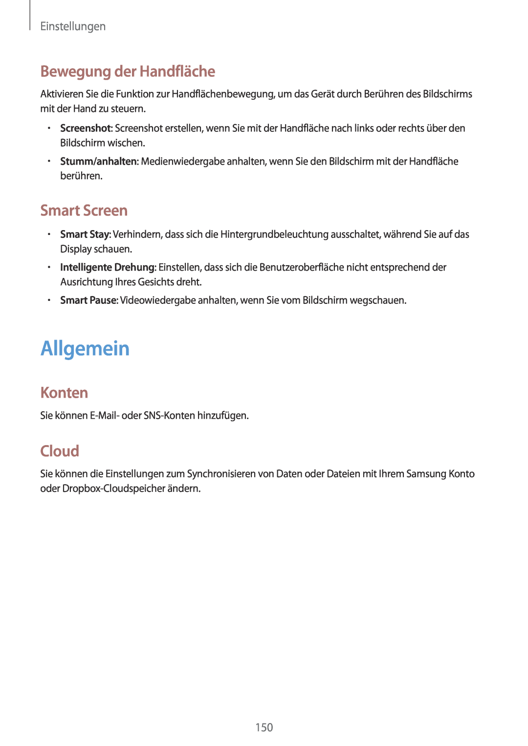 Samsung SM-P9000ZWATPH, SM-P9000ZWAATO manual Allgemein, Bewegung der Handfläche, Smart Screen, Konten, Cloud, Einstellungen 