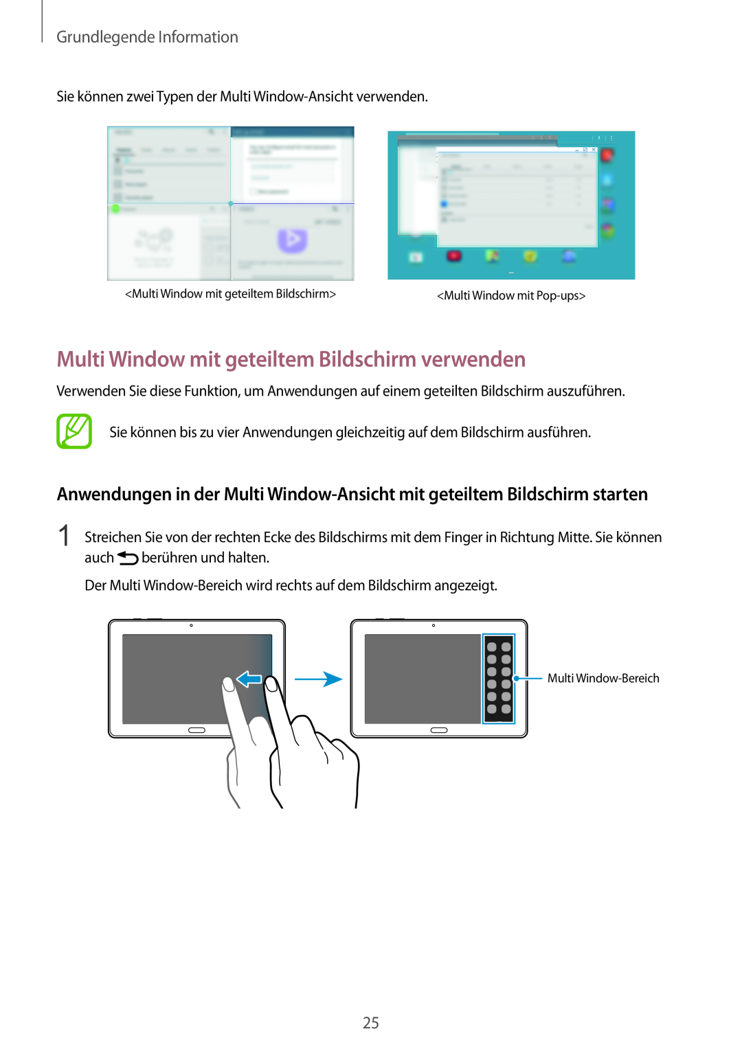 Samsung SM-P9000ZWAXEF, SM-P9000ZWAATO manual Multi Window mit geteiltem Bildschirm verwenden, Grundlegende Information 