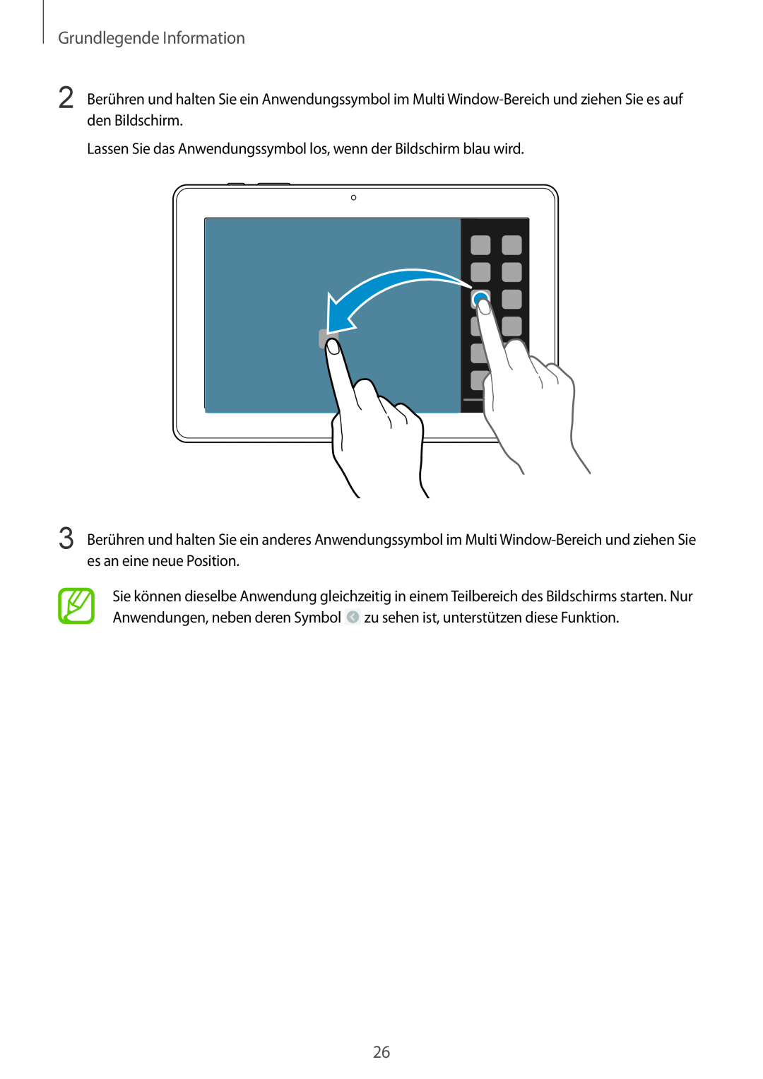 Samsung SM-P9000ZWAATO manual Grundlegende Information, Lassen Sie das Anwendungssymbol los, wenn der Bildschirm blau wird 