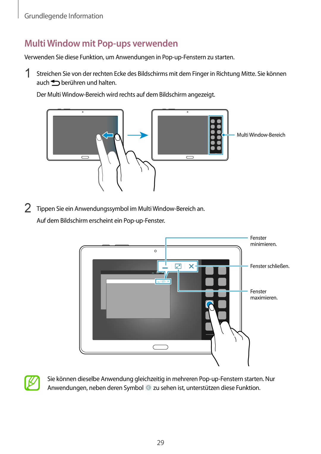 Samsung SM-P9000ZKAATO, SM-P9000ZWAATO Multi Window mit Pop-ups verwenden, Grundlegende Information, Fenster schließen 