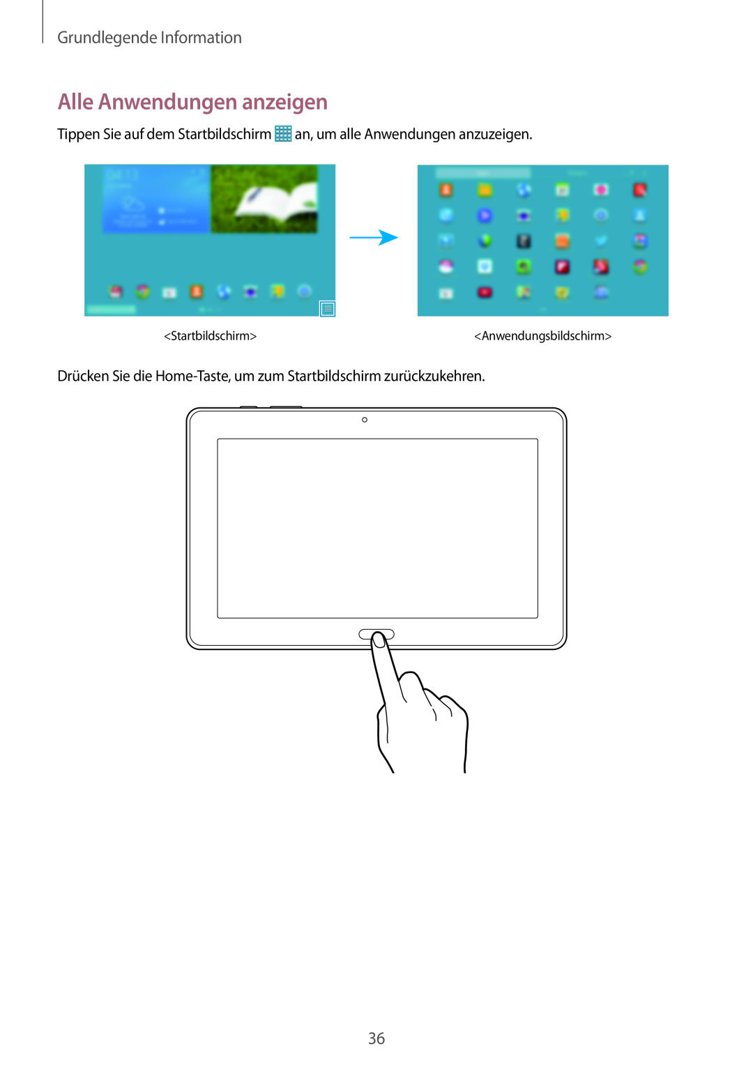 Samsung SM-P9000ZKYEUR manual Alle Anwendungen anzeigen, Grundlegende Information, Startbildschirm, Anwendungsbildschirm 