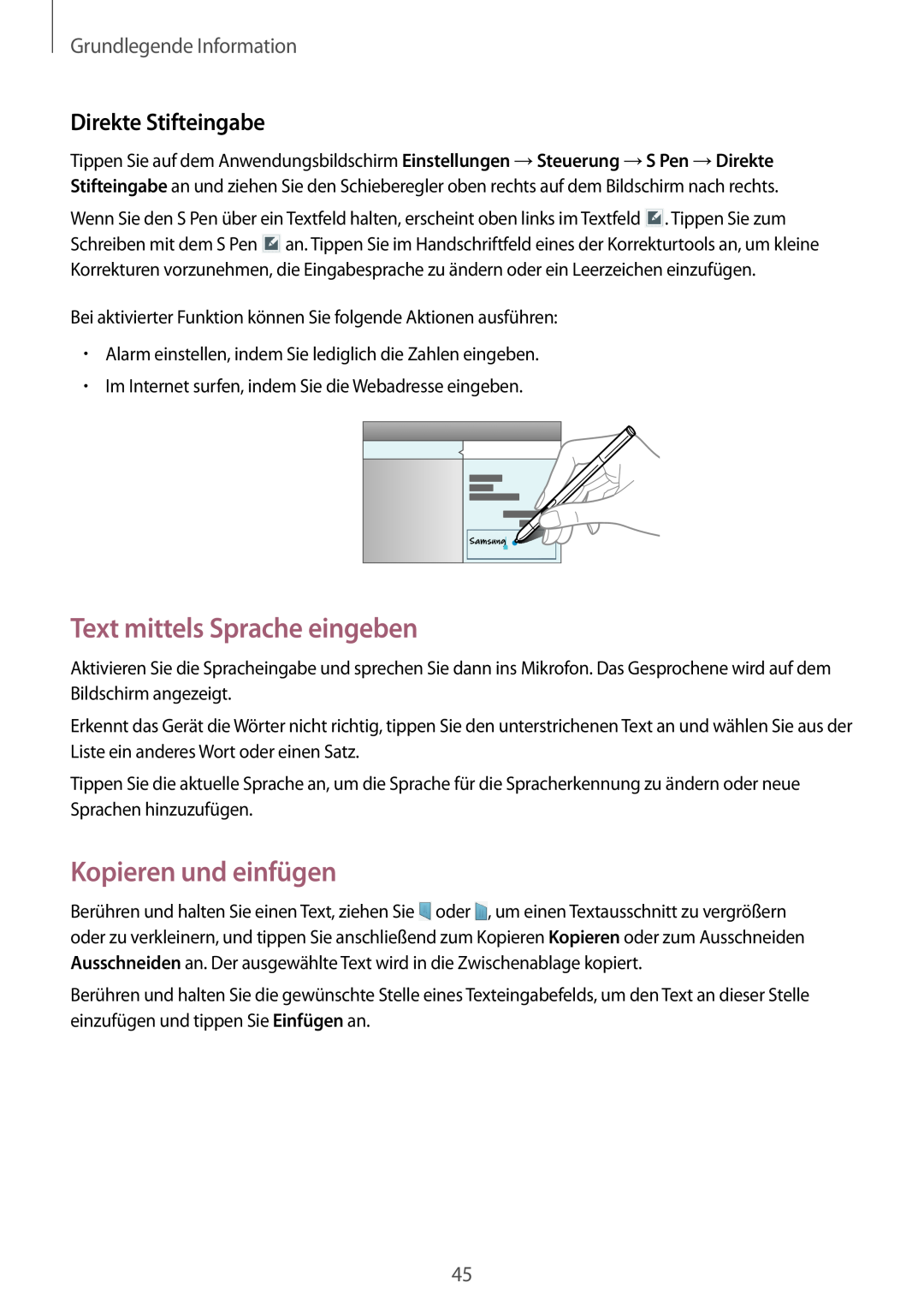 Samsung SM-P9000ZKATUR, SM-P9000ZWAATO manual Text mittels Sprache eingeben, Kopieren und einfügen, Direkte Stifteingabe 