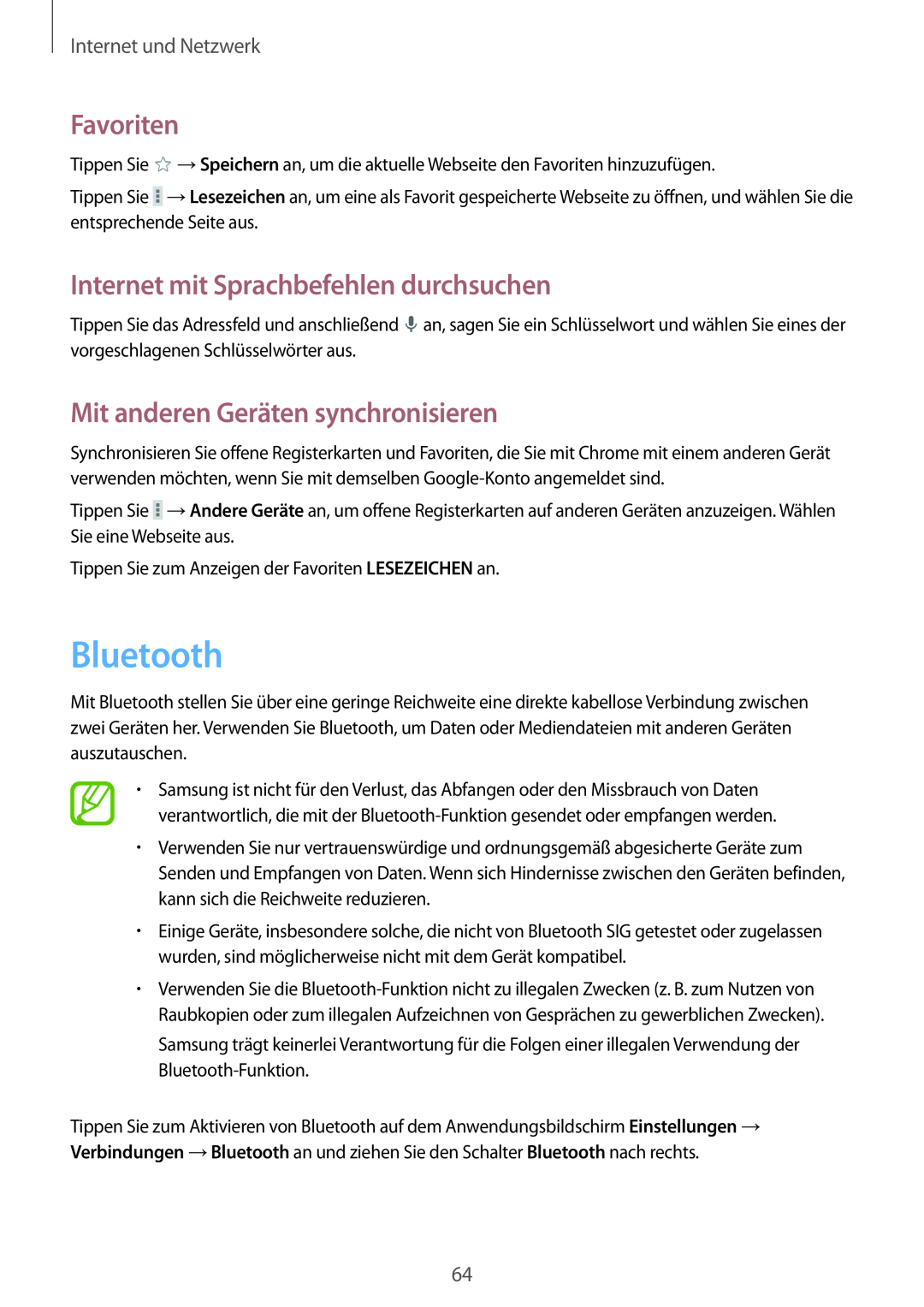 Samsung SM-P9000ZWAXEF Bluetooth, Mit anderen Geräten synchronisieren, Favoriten, Internet mit Sprachbefehlen durchsuchen 