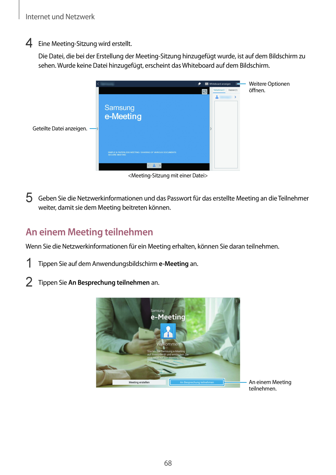 Samsung SM-P9000ZKAATO manual An einem Meeting teilnehmen, Tippen Sie An Besprechung teilnehmen an, Internet und Netzwerk 