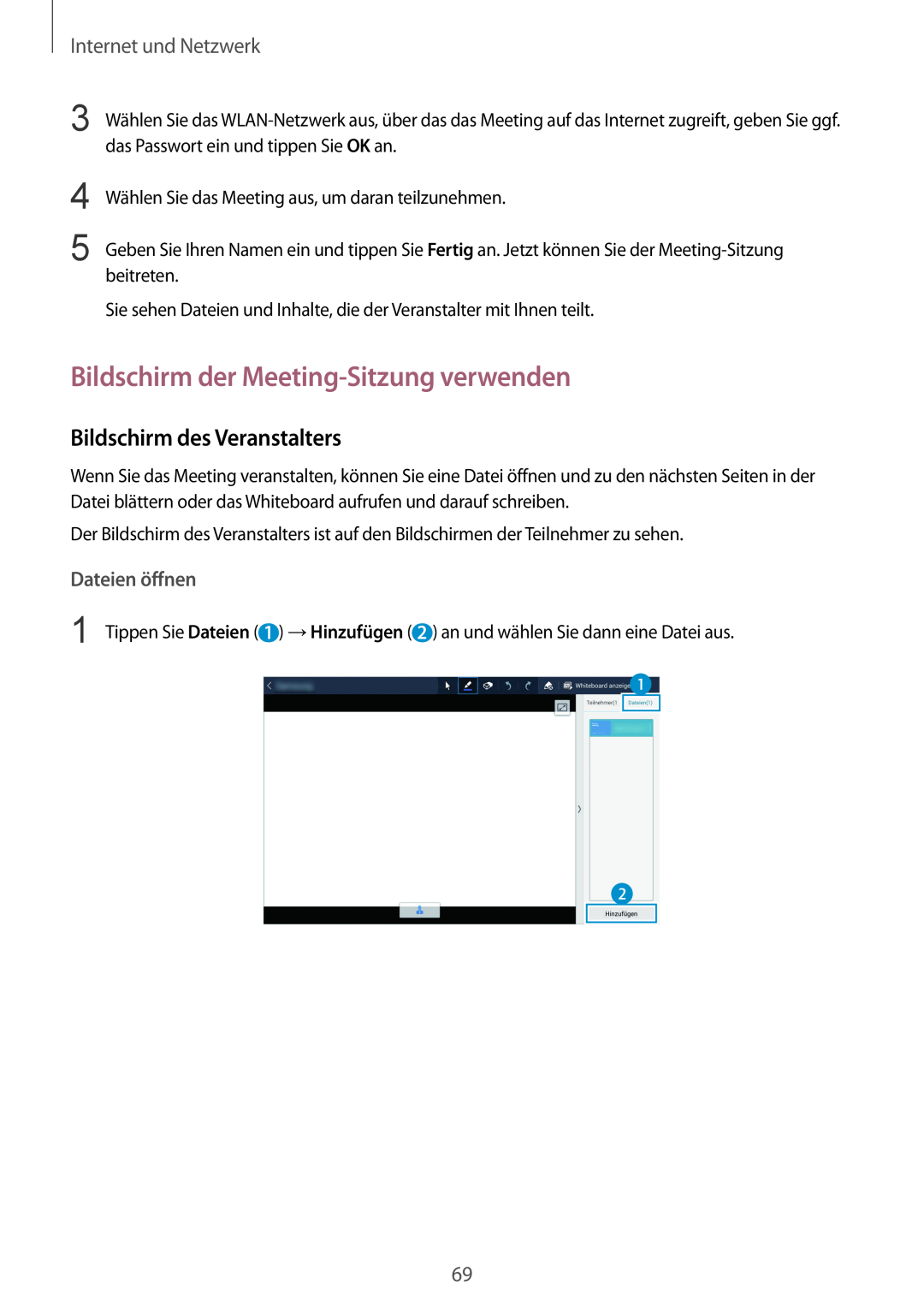 Samsung SM-P9000ZKADBT manual Bildschirm der Meeting-Sitzung verwenden, Bildschirm des Veranstalters, Dateien öffnen 