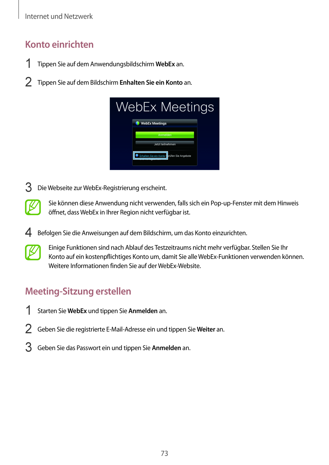 Samsung SM-P9000ZWAXEO, SM-P9000ZWAATO, SM-P9000ZKAXEO Konto einrichten, Meeting-Sitzung erstellen, Internet und Netzwerk 