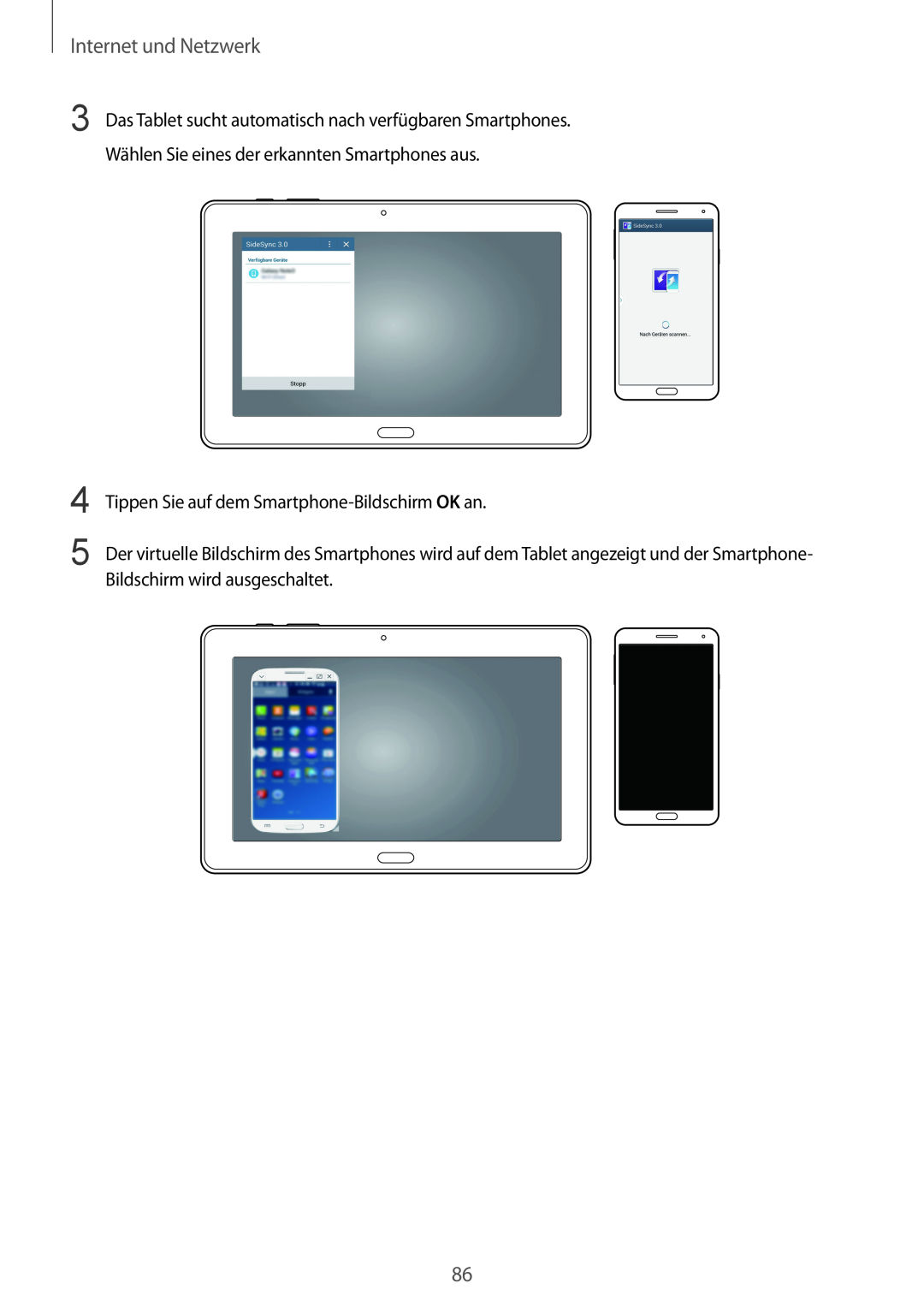 Samsung SM-P9000ZWAXEO, SM-P9000ZWAATO manual Internet und Netzwerk, Tippen Sie auf dem Smartphone-Bildschirm OK an 
