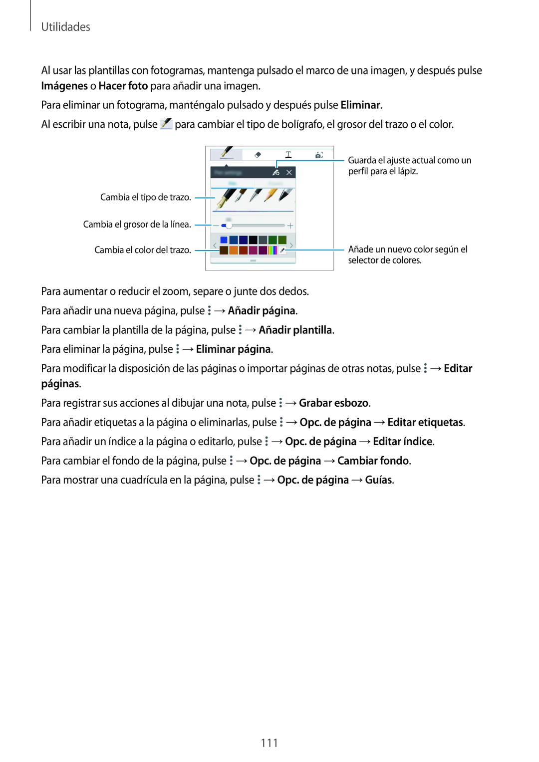 Samsung SM-P9000ZWATPH, SM-P9000ZWADBT manual →Grabar esbozo, →Opc. de página →Editar índice, →Opc. de página →Guías 