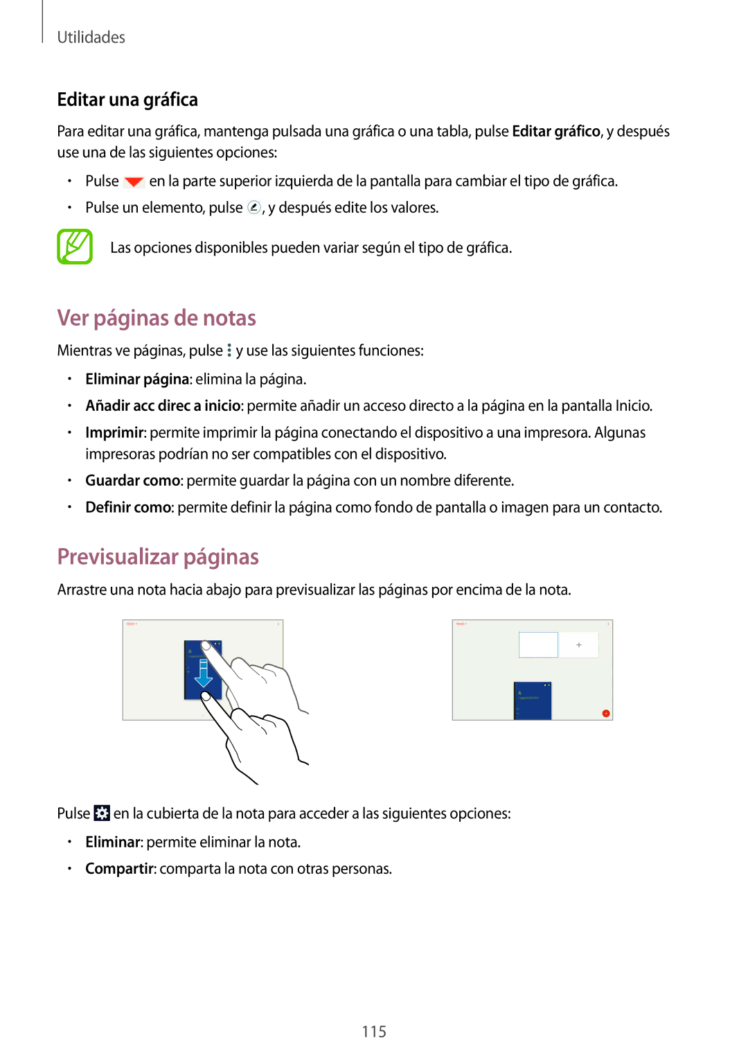 Samsung SM-P9000ZWADBT, SM-P9000ZWATPH, SM-P9000ZKATPH manual Ver páginas de notas, Previsualizar páginas, Editar una gráfica 