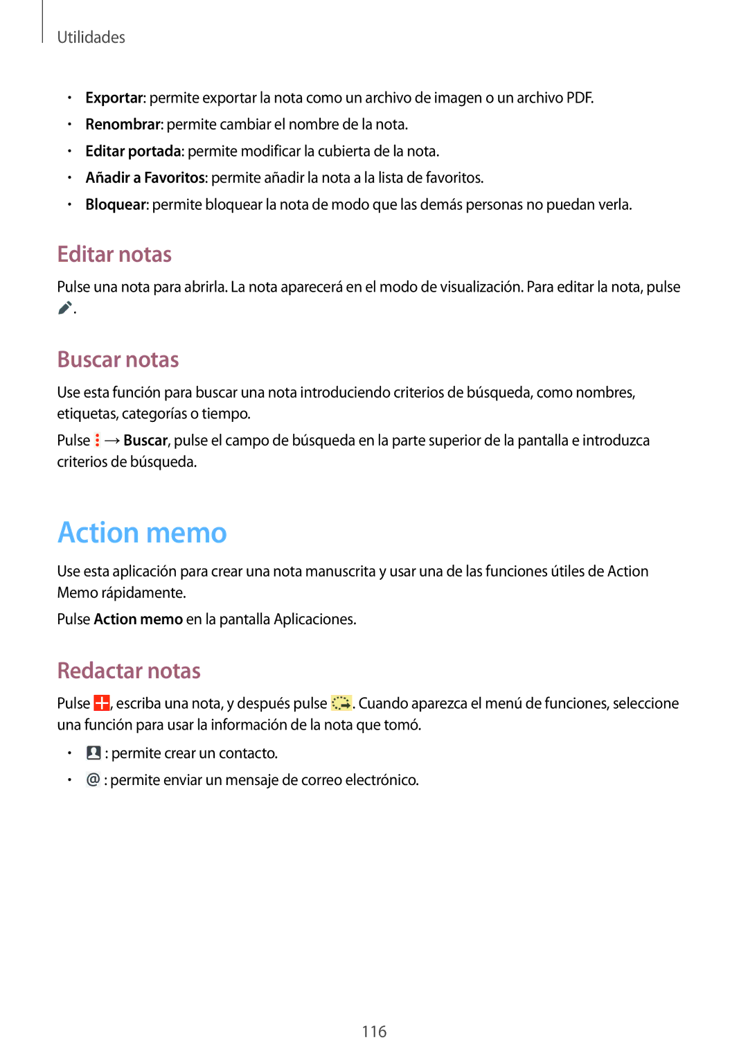 Samsung SM-P9000ZWATPH, SM-P9000ZWADBT, SM-P9000ZKATPH manual Action memo, Editar notas, Buscar notas, Redactar notas 