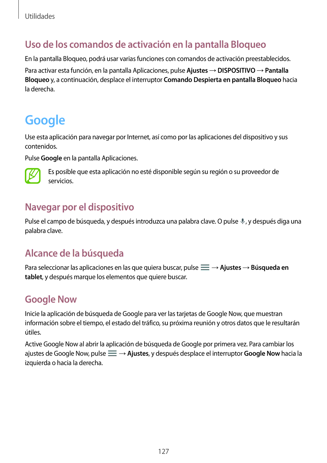 Samsung SM-P9000ZKATPH manual Google, Uso de los comandos de activación en la pantalla Bloqueo, Navegar por el dispositivo 