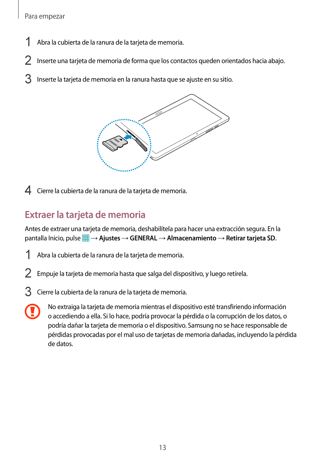 Samsung SM-P9000ZKAPHE, SM-P9000ZWADBT, SM-P9000ZWATPH, SM-P9000ZKATPH, SM-P9000ZWAPHE manual Extraer la tarjeta de memoria 