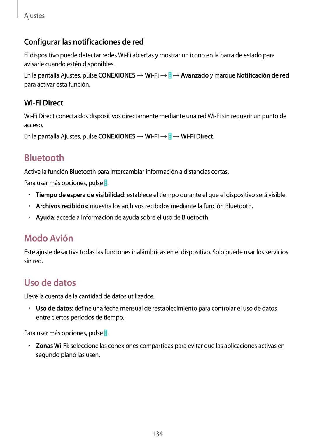 Samsung SM-P9000ZWAPHE manual Bluetooth, Modo Avión, Uso de datos, Configurar las notificaciones de red, Wi-Fi Direct 