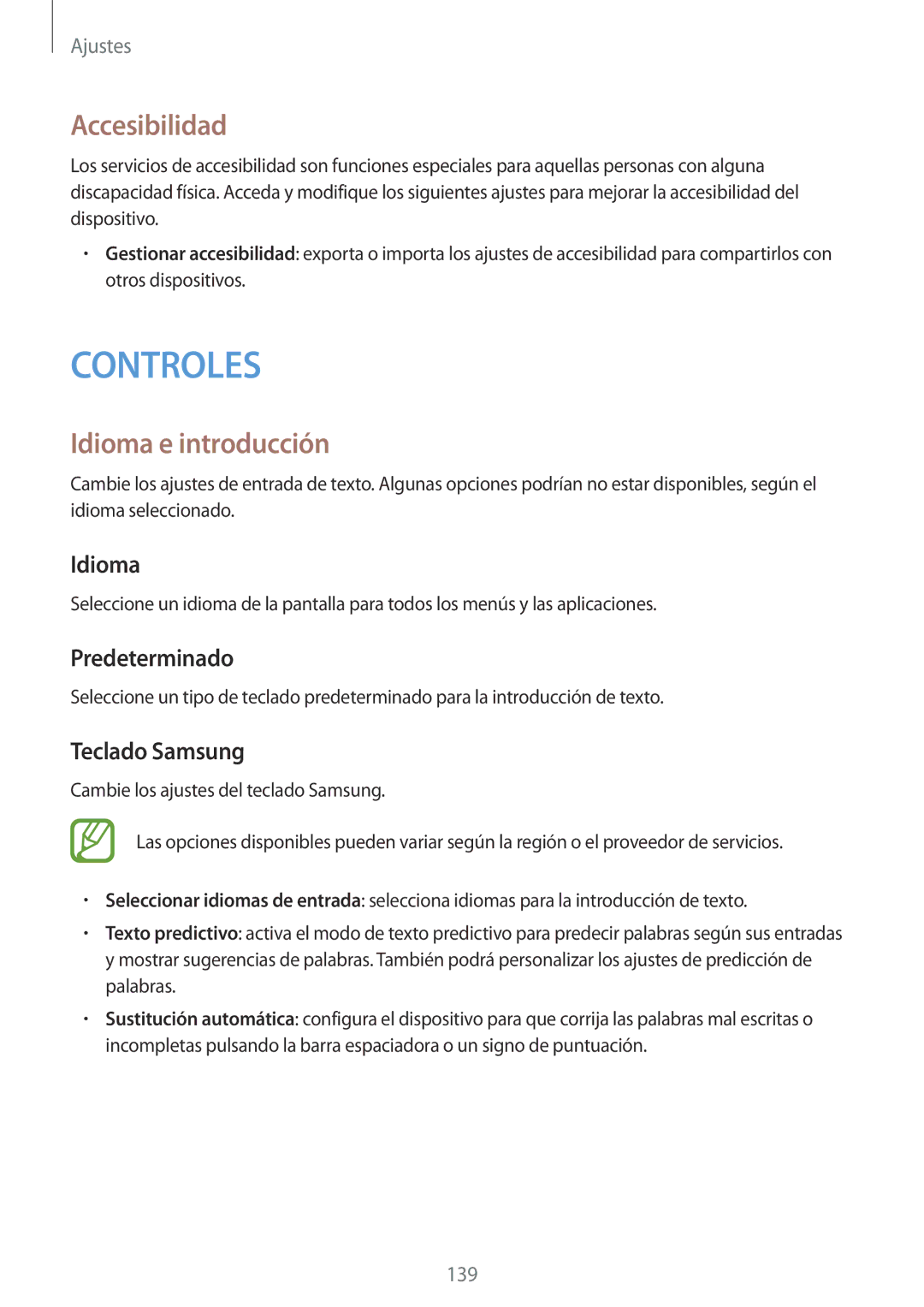 Samsung SM-P9000ZWAPHE, SM-P9000ZWADBT manual Accesibilidad, Idioma e introducción, Predeterminado, Teclado Samsung 