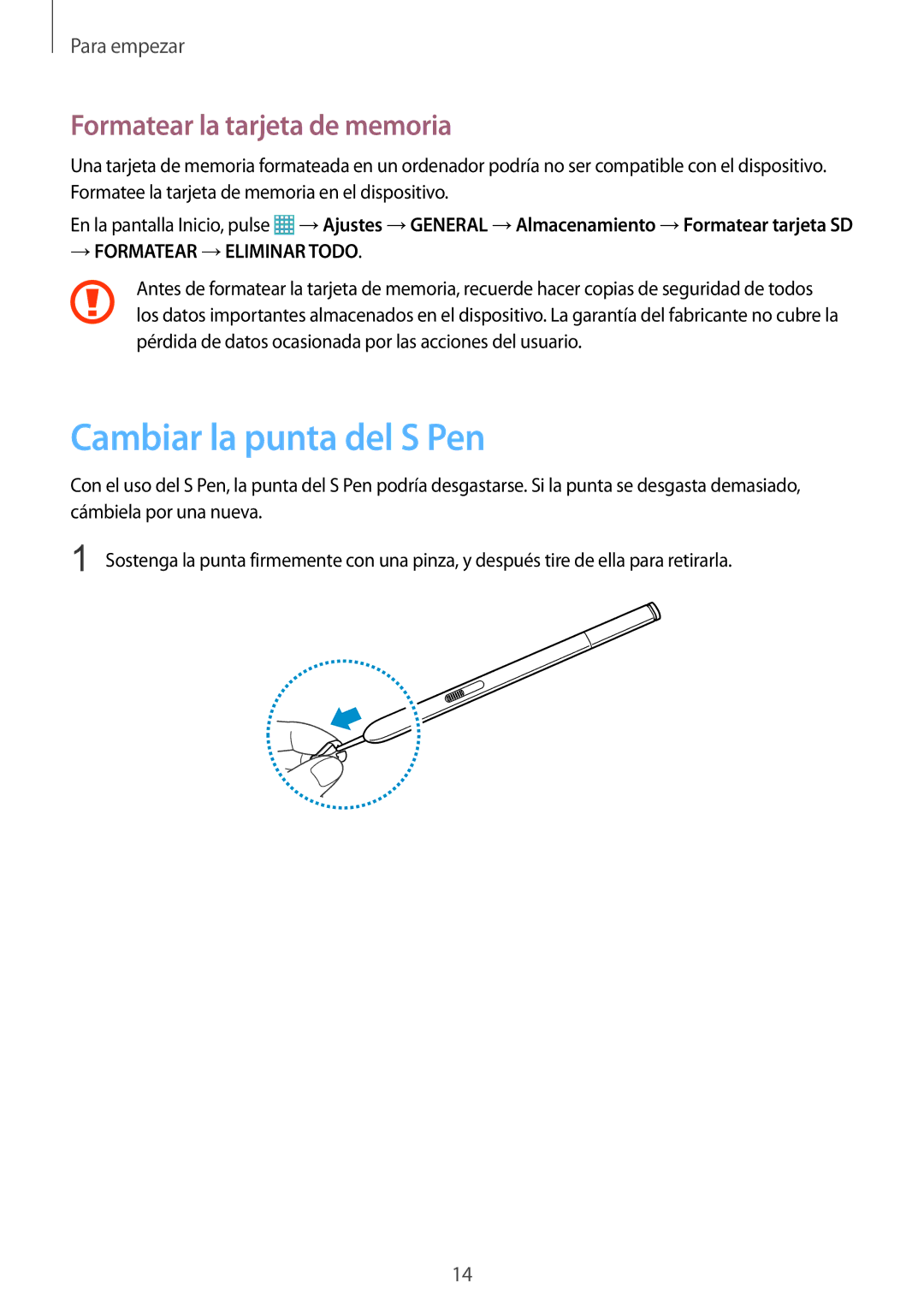 Samsung SM-P9000ZWAPHE, SM-P9000ZWADBT, SM-P9000ZWATPH manual Cambiar la punta del S Pen, Formatear la tarjeta de memoria 