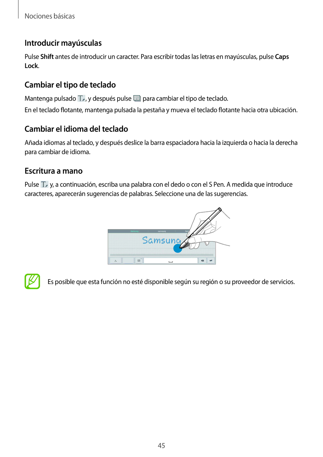 Samsung SM-P9000ZWADBT Introducir mayúsculas, Cambiar el tipo de teclado, Cambiar el idioma del teclado, Escritura a mano 