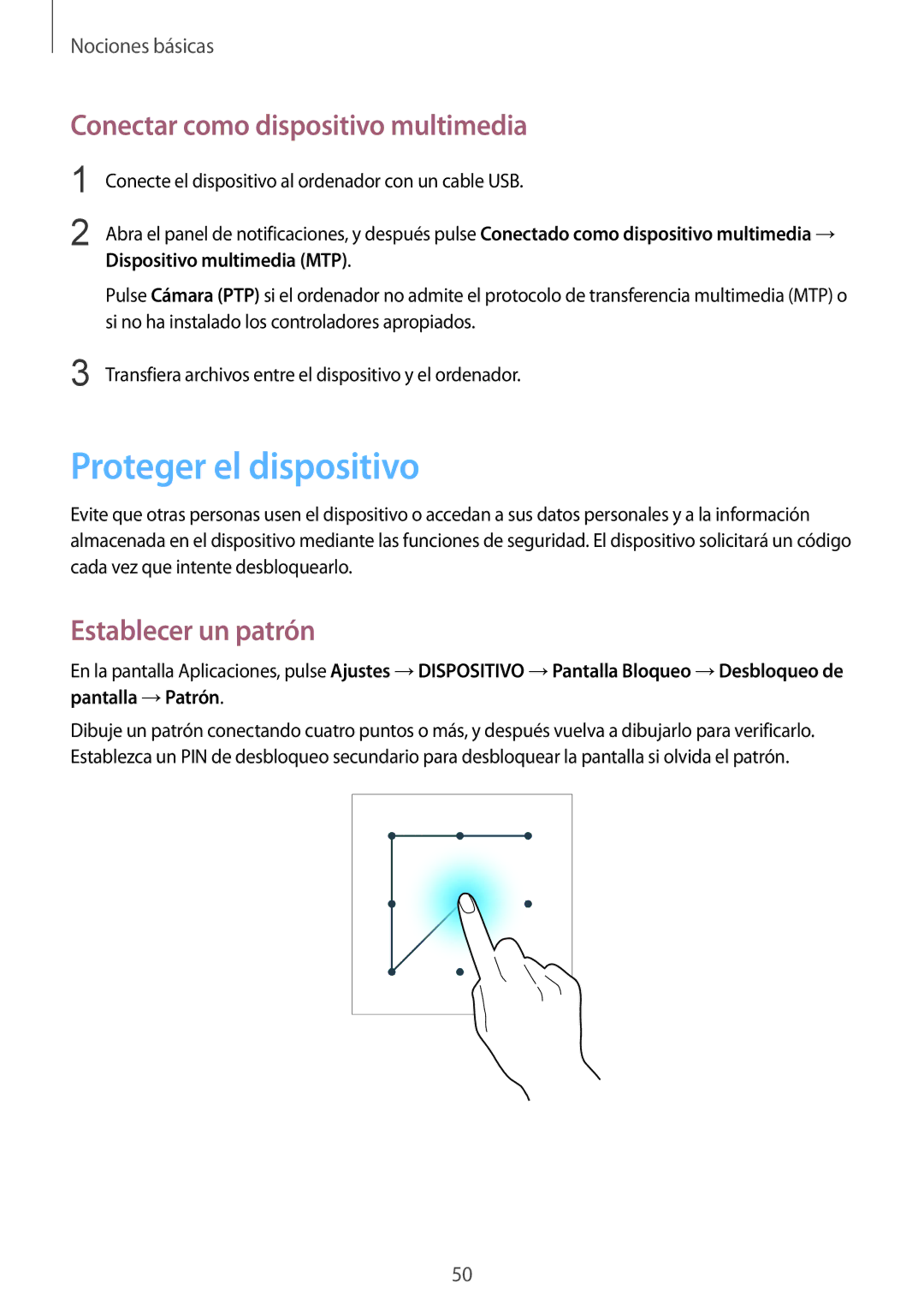 Samsung SM-P9000ZWADBT, SM-P9000ZWATPH Proteger el dispositivo, Conectar como dispositivo multimedia, Establecer un patrón 