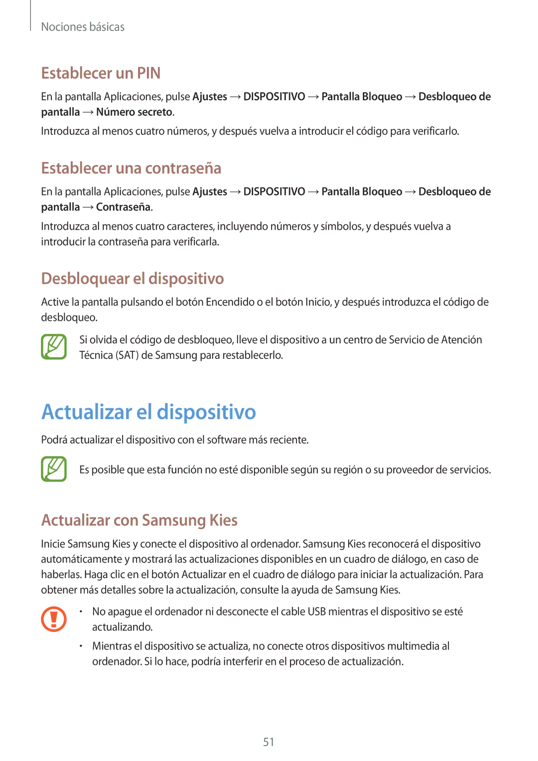 Samsung SM-P9000ZWATPH Actualizar el dispositivo, Establecer un PIN, Establecer una contraseña, Desbloquear el dispositivo 