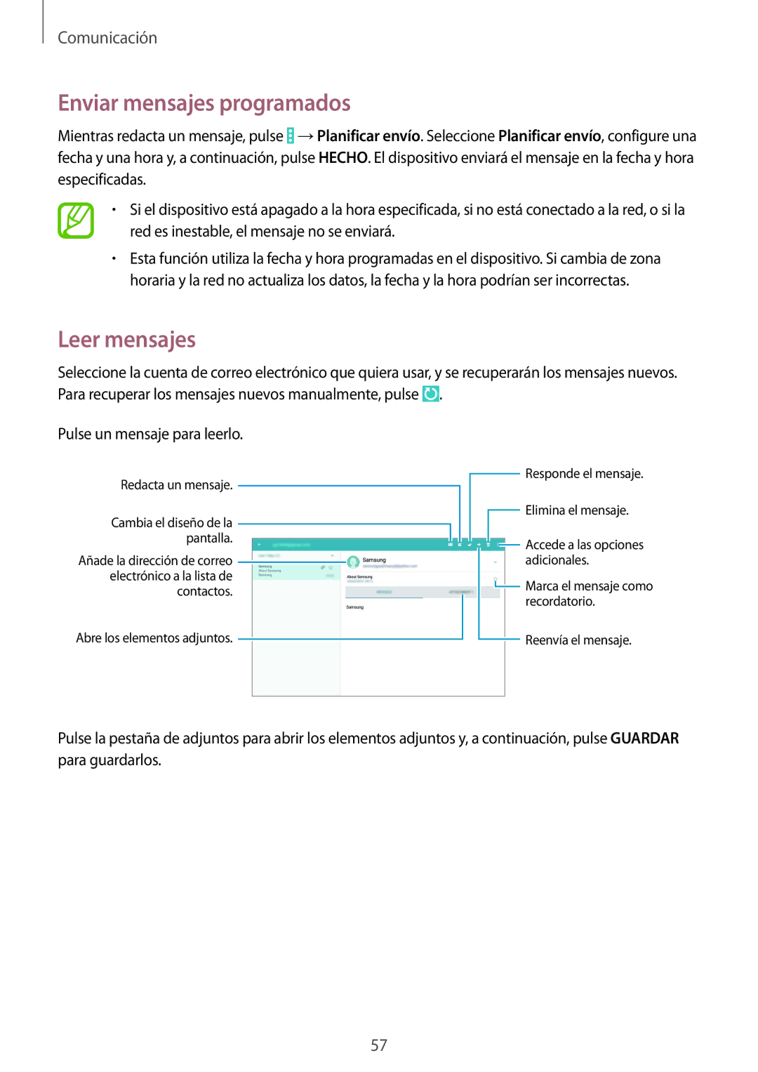 Samsung SM-P9000ZKATPH, SM-P9000ZWADBT, SM-P9000ZWATPH, SM-P9000ZKAPHE manual Enviar mensajes programados, Leer mensajes 