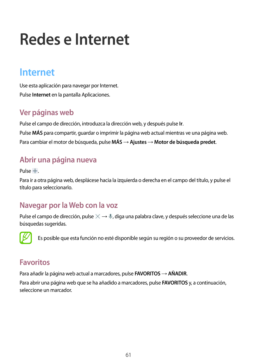 Samsung SM-P9000ZWATPH manual Internet, Ver páginas web, Abrir una página nueva, Navegar por la Web con la voz, Favoritos 