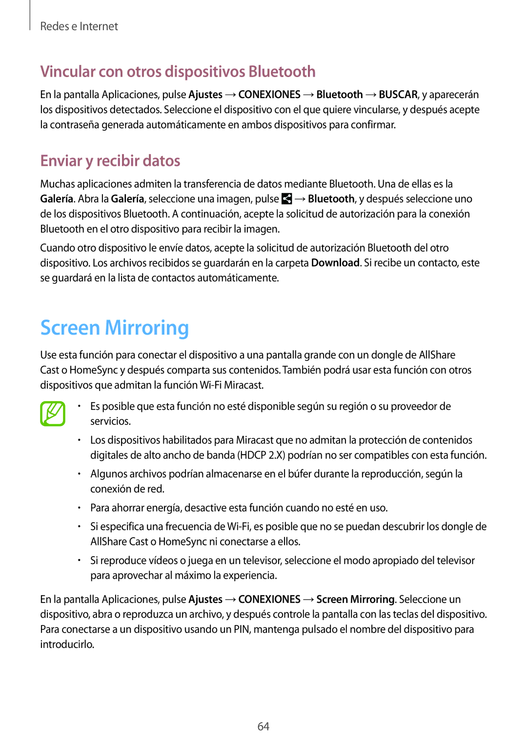 Samsung SM-P9000ZWAPHE, SM-P9000ZWADBT Screen Mirroring, Vincular con otros dispositivos Bluetooth, Enviar y recibir datos 