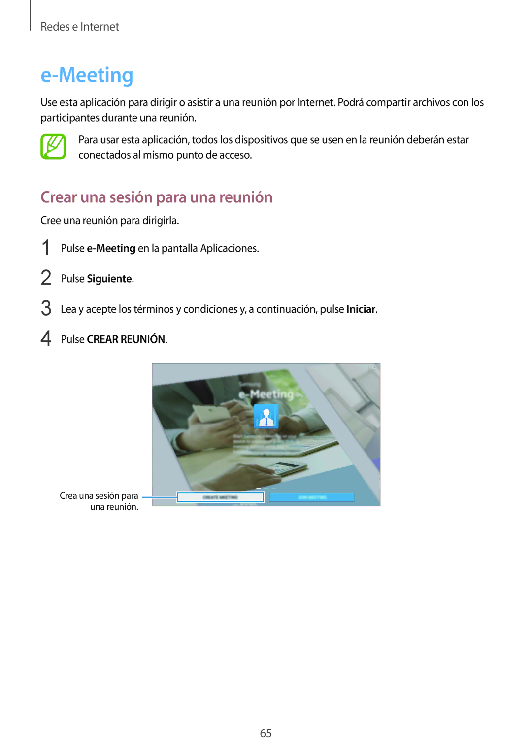 Samsung SM-P9000ZWADBT, SM-P9000ZWATPH Meeting, Crear una sesión para una reunión, Pulse Siguiente, Pulse Crear Reunión 