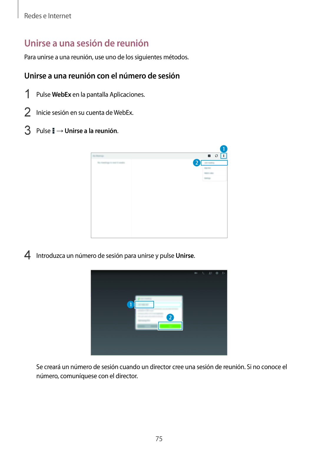 Samsung SM-P9000ZWADBT, SM-P9000ZWATPH manual Unirse a una sesión de reunión, Unirse a una reunión con el número de sesión 