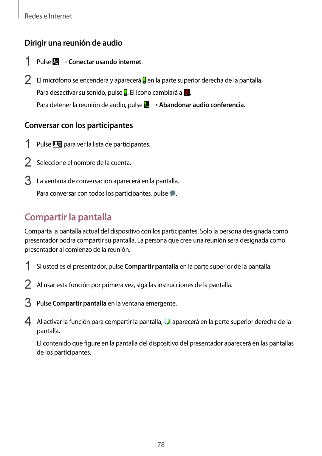 Samsung SM-P9000ZKAPHE manual Compartir la pantalla, Dirigir una reunión de audio, Conversar con los participantes 