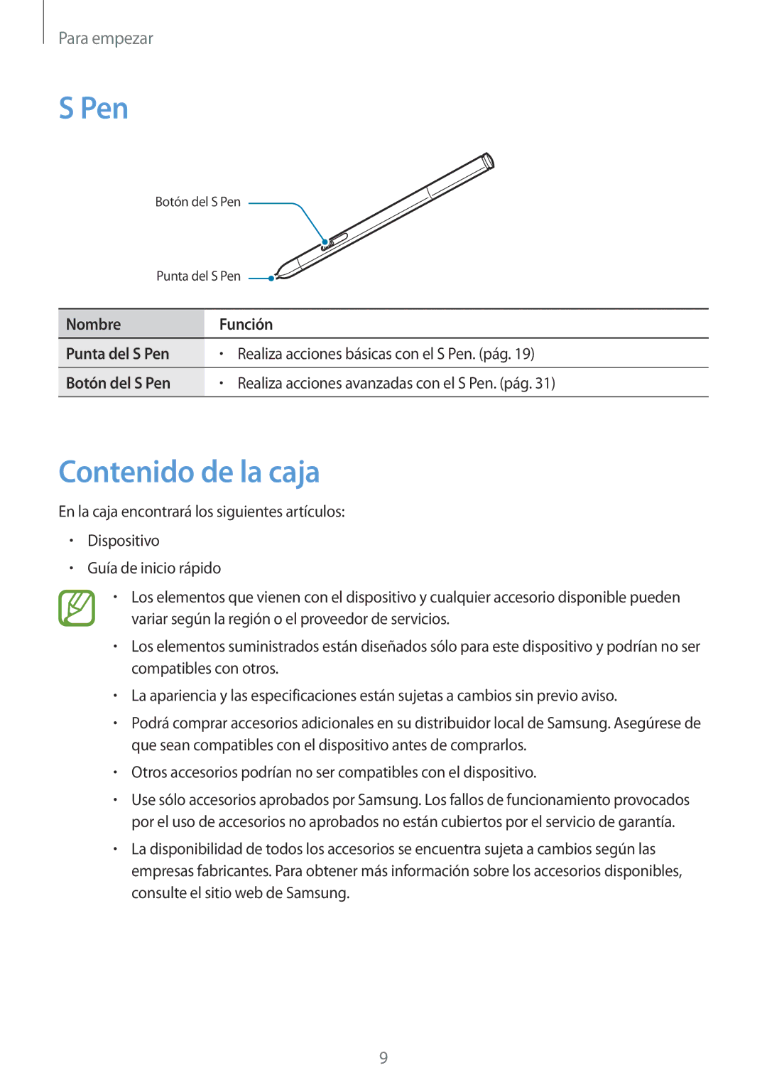 Samsung SM-P9000ZWAPHE, SM-P9000ZWADBT, SM-P9000ZWATPH, SM-P9000ZKATPH, SM-P9000ZKAPHE manual Pen, Contenido de la caja 