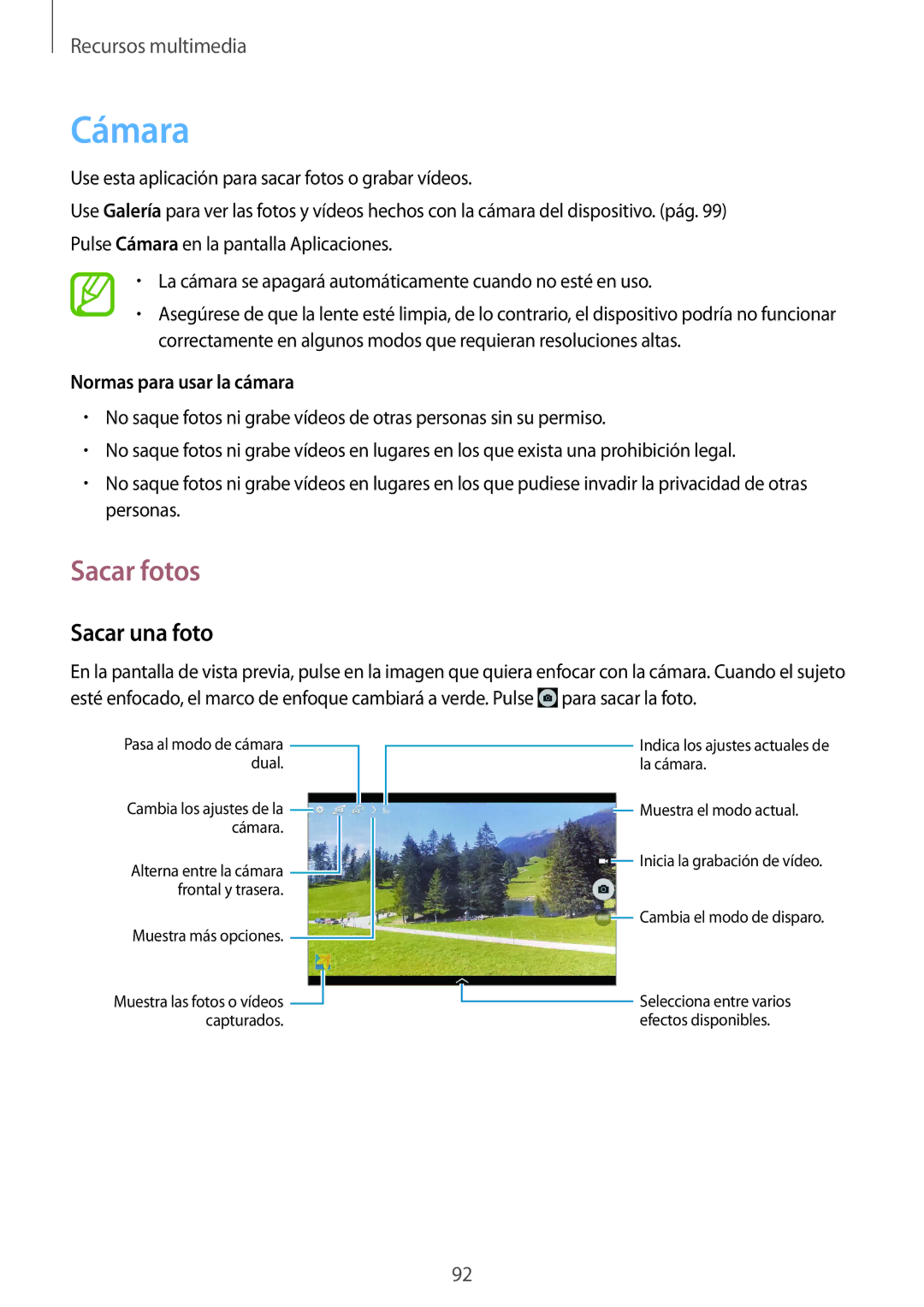 Samsung SM-P9000ZKATPH, SM-P9000ZWADBT, SM-P9000ZWATPH manual Cámara, Sacar fotos, Sacar una foto, Normas para usar la cámara 