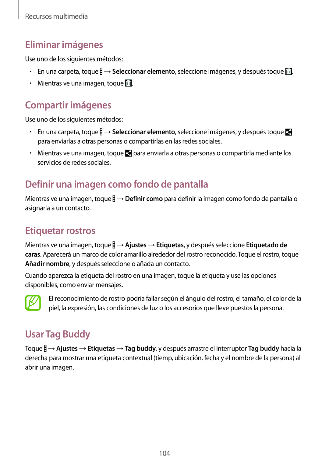 Samsung SM-P9000ZWAPHE Eliminar imágenes, Compartir imágenes, Definir una imagen como fondo de pantalla, Etiquetar rostros 