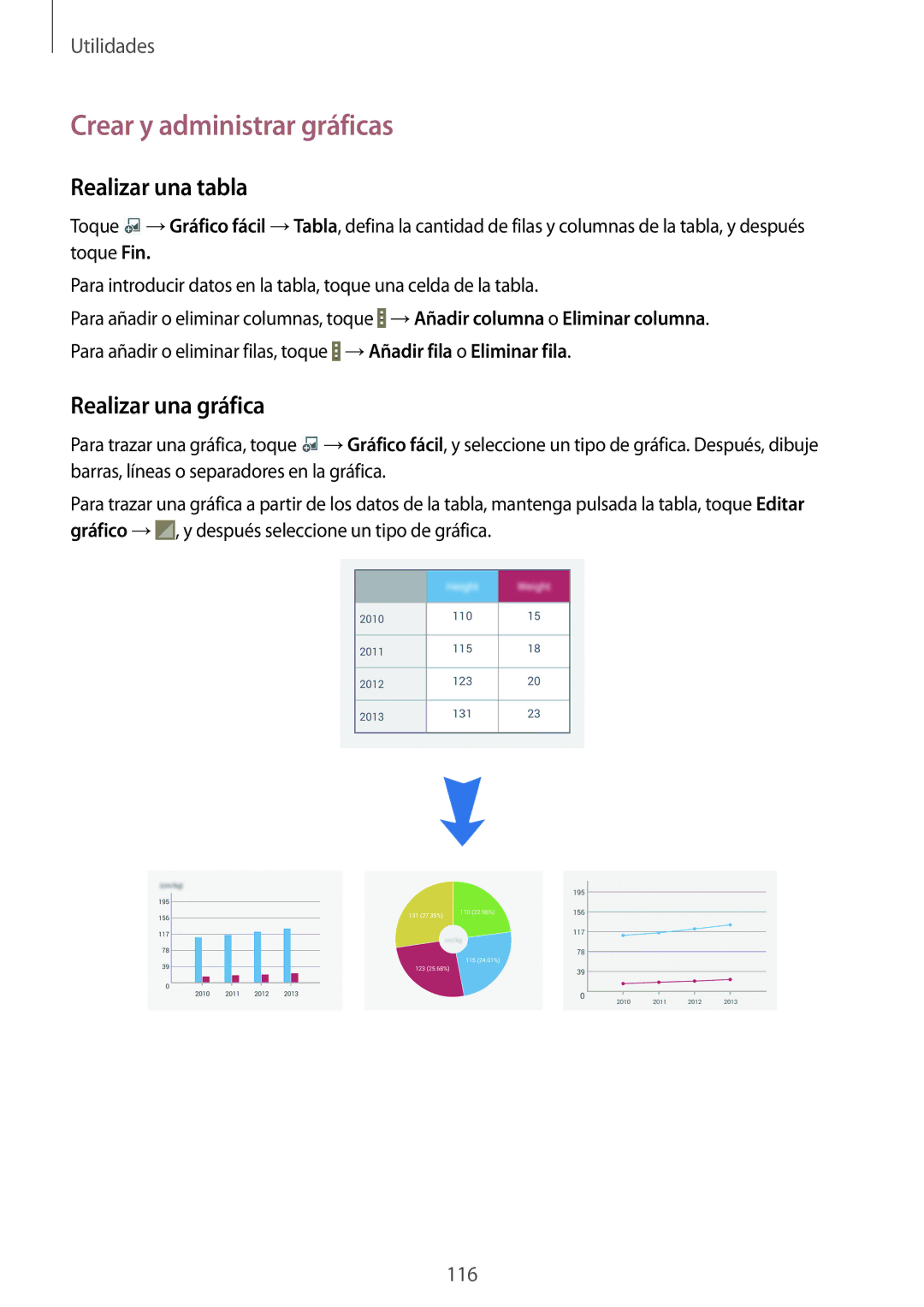 Samsung SM-P9000ZWATPH, SM-P9000ZWADBT manual Crear y administrar gráficas, Realizar una tabla, Realizar una gráfica 