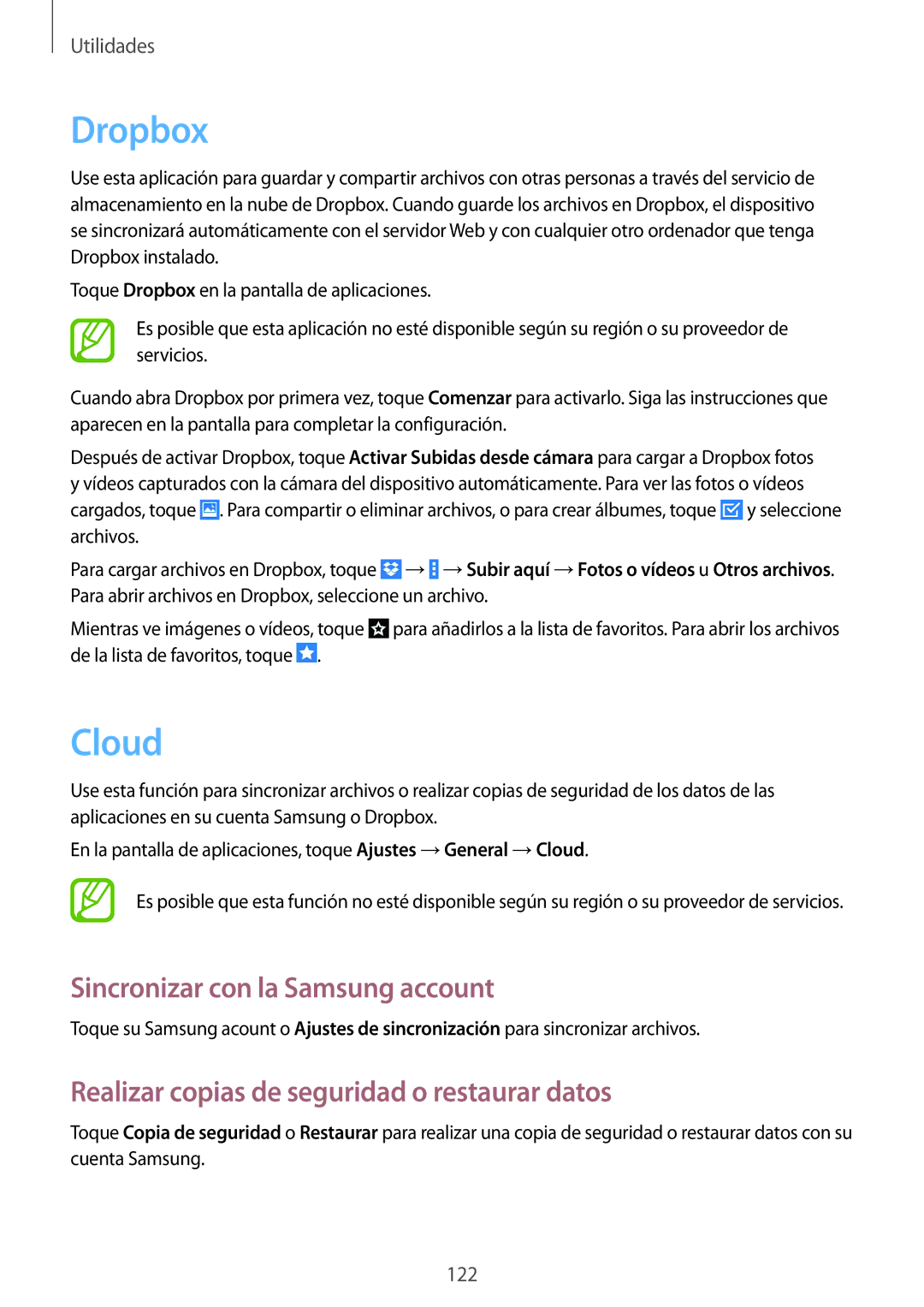 Samsung SM-P9000ZKATPH Dropbox, Cloud, Sincronizar con la Samsung account, Realizar copias de seguridad o restaurar datos 