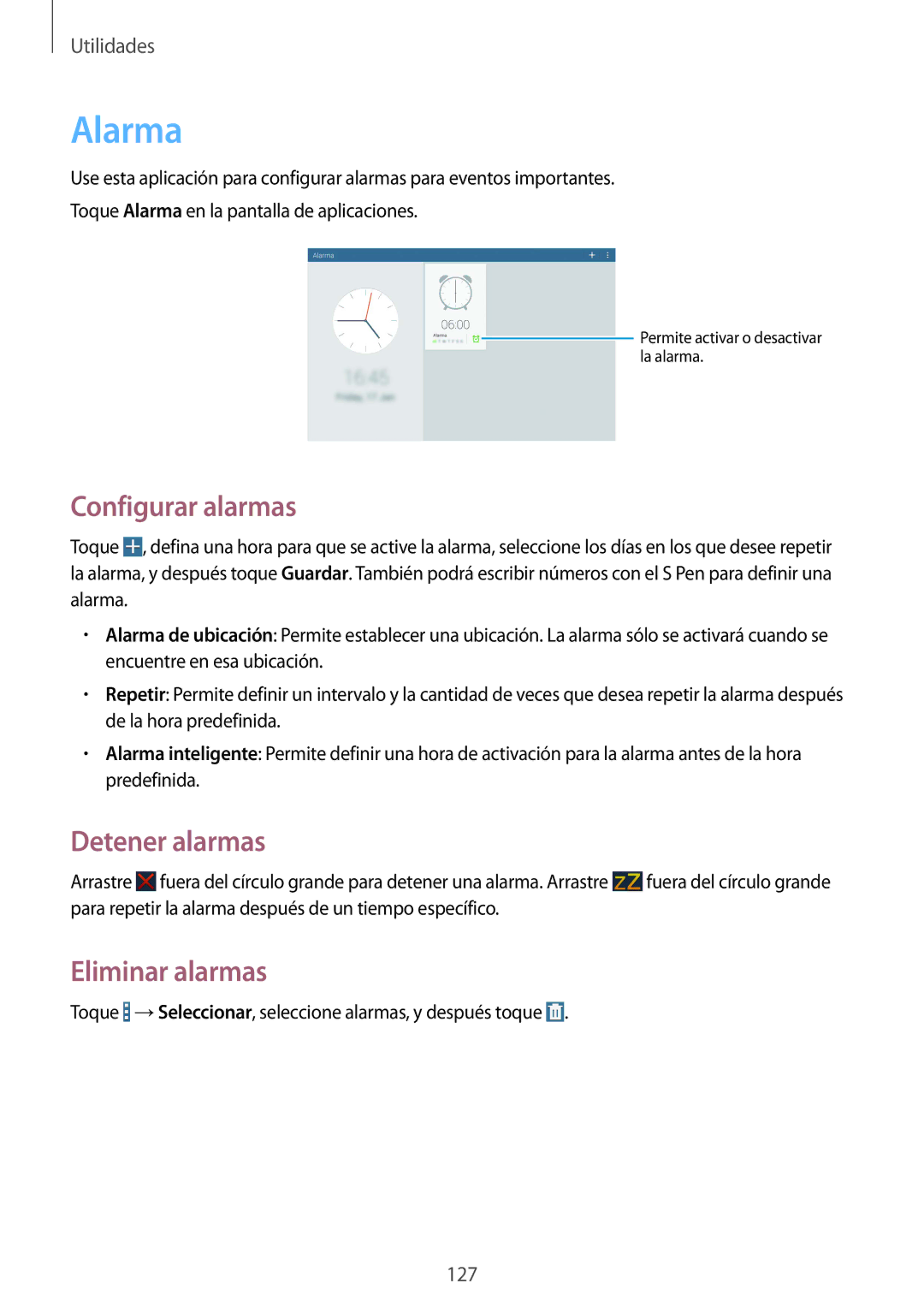 Samsung SM-P9000ZKATPH, SM-P9000ZWADBT, SM-P9000ZWATPH manual Alarma, Configurar alarmas, Detener alarmas, Eliminar alarmas 