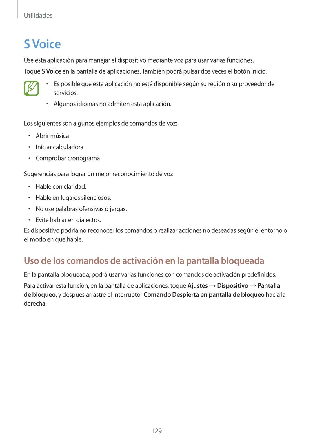 Samsung SM-P9000ZWAPHE, SM-P9000ZWADBT, SM-P9000ZWATPH Voice, Uso de los comandos de activación en la pantalla bloqueada 