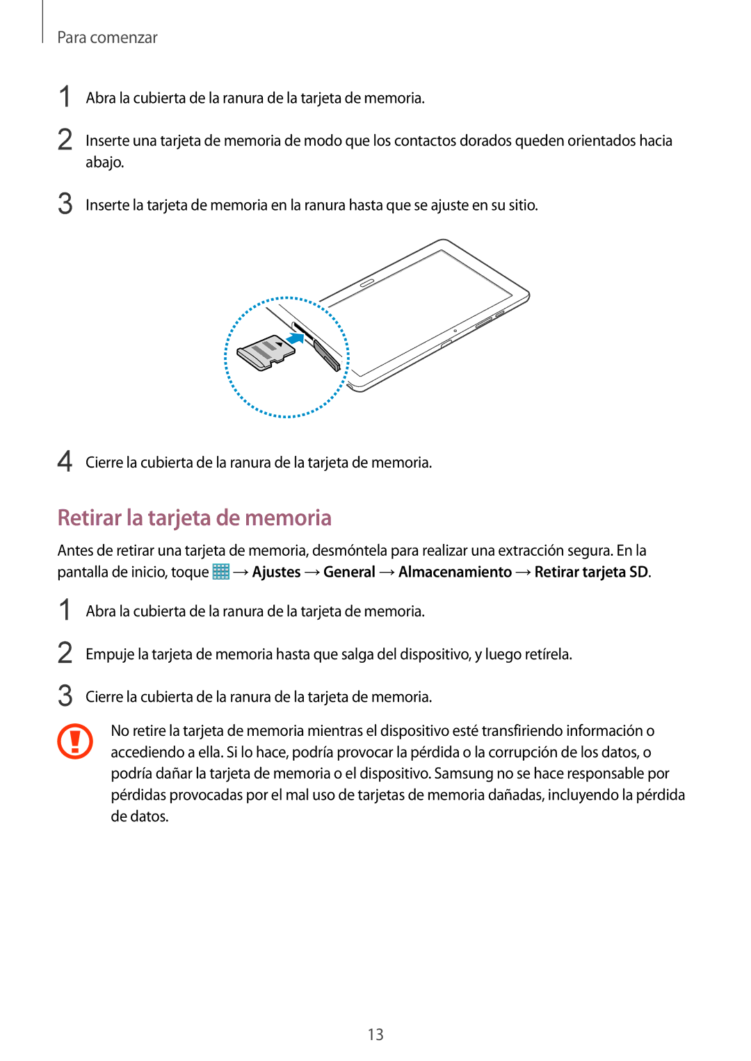 Samsung SM-P9000ZKAPHE, SM-P9000ZWADBT, SM-P9000ZWATPH, SM-P9000ZKATPH, SM-P9000ZWAPHE manual Retirar la tarjeta de memoria 