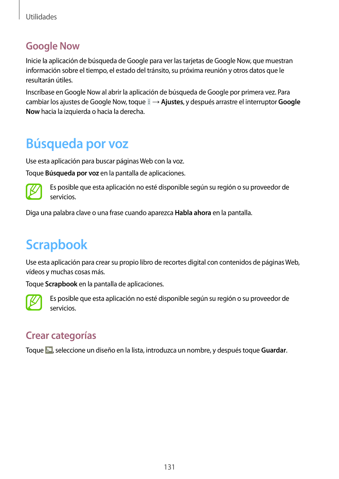 Samsung SM-P9000ZWATPH, SM-P9000ZWADBT, SM-P9000ZKATPH manual Búsqueda por voz, Scrapbook, Google Now, Crear categorías 