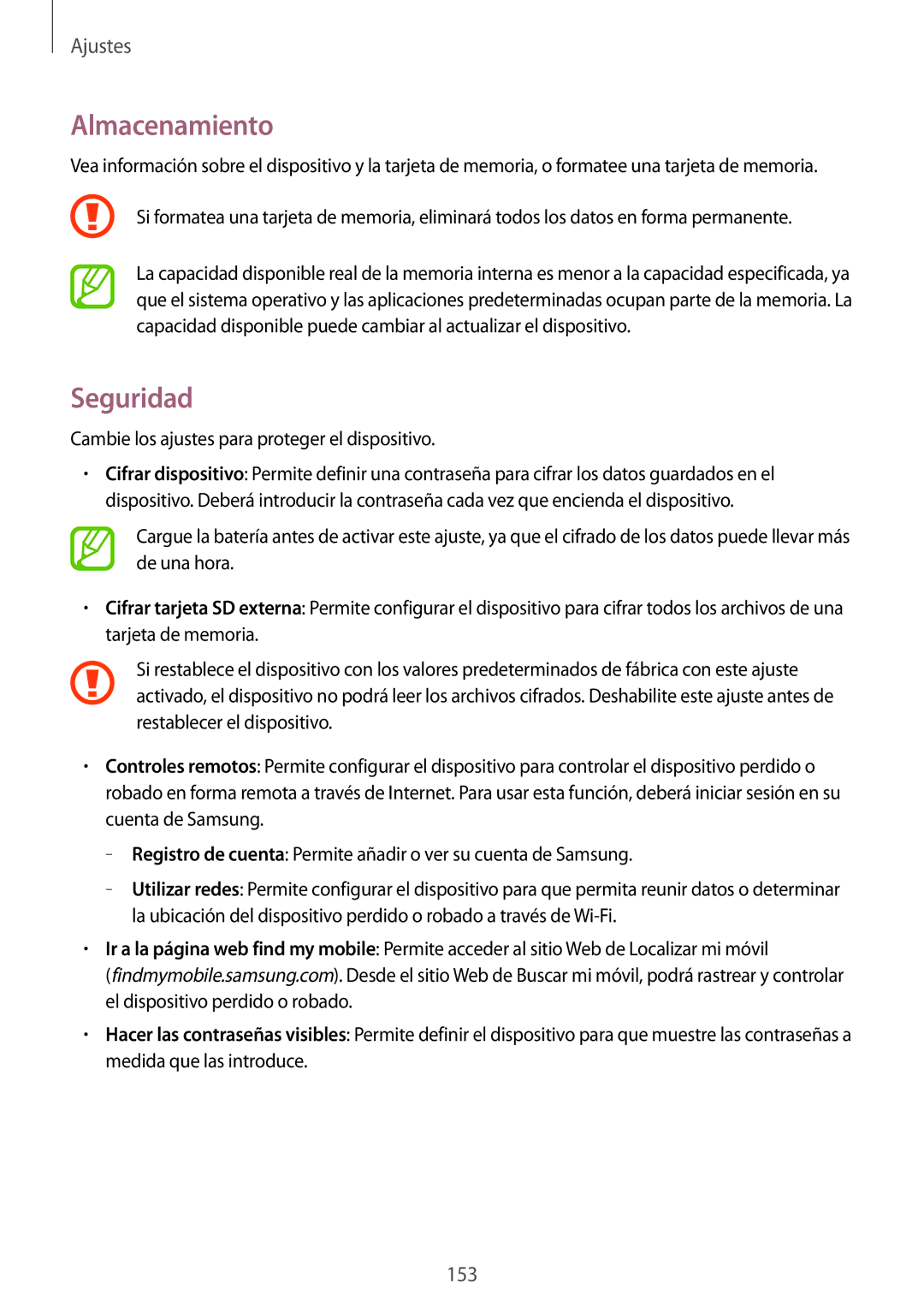 Samsung SM-P9000ZKAPHE, SM-P9000ZWADBT, SM-P9000ZWATPH, SM-P9000ZKATPH, SM-P9000ZWAPHE manual Almacenamiento, Seguridad 