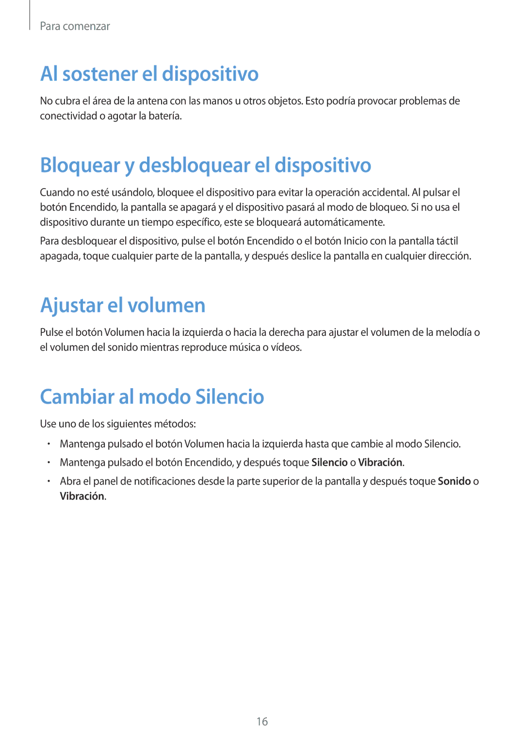 Samsung SM-P9000ZWATPH manual Al sostener el dispositivo, Bloquear y desbloquear el dispositivo, Ajustar el volumen 