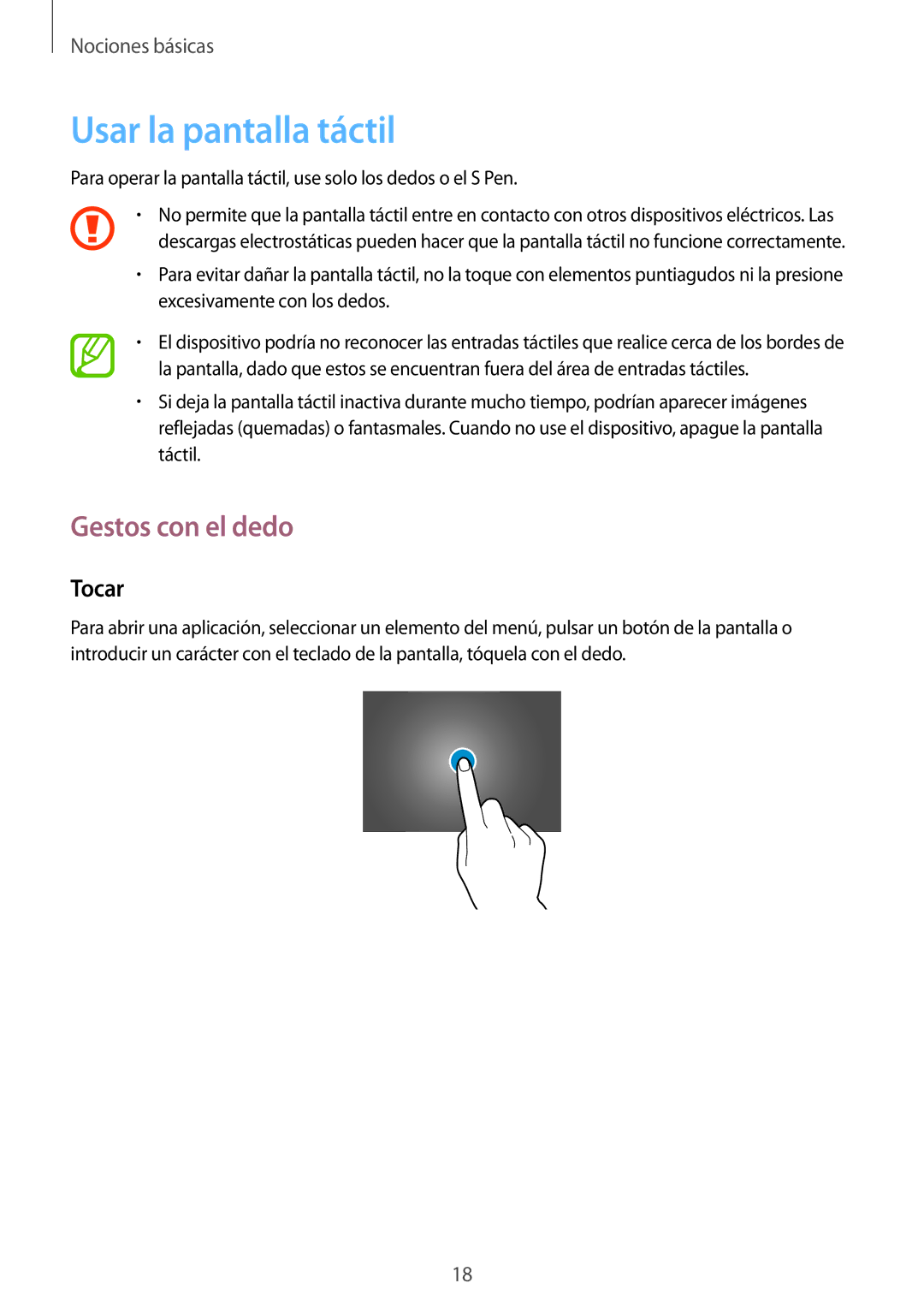 Samsung SM-P9000ZKAPHE, SM-P9000ZWADBT, SM-P9000ZWATPH, SM-P9000ZKATPH Usar la pantalla táctil, Gestos con el dedo, Tocar 