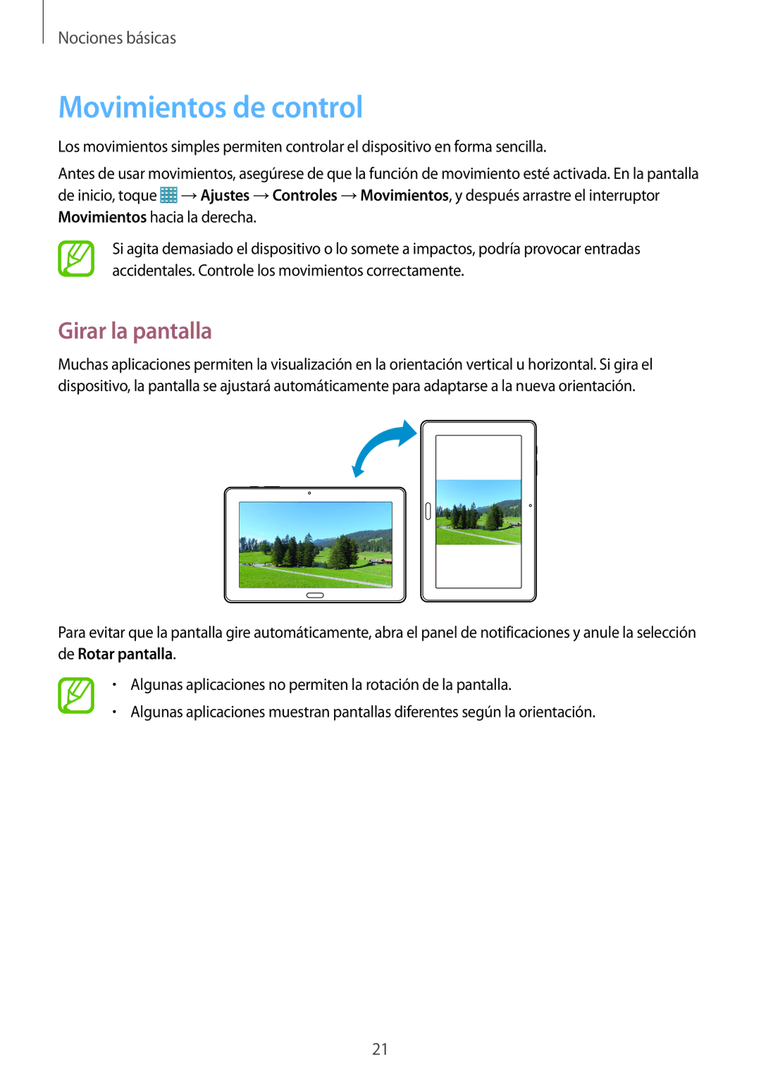 Samsung SM-P9000ZWATPH, SM-P9000ZWADBT, SM-P9000ZKATPH, SM-P9000ZKAPHE manual Movimientos de control, Girar la pantalla 