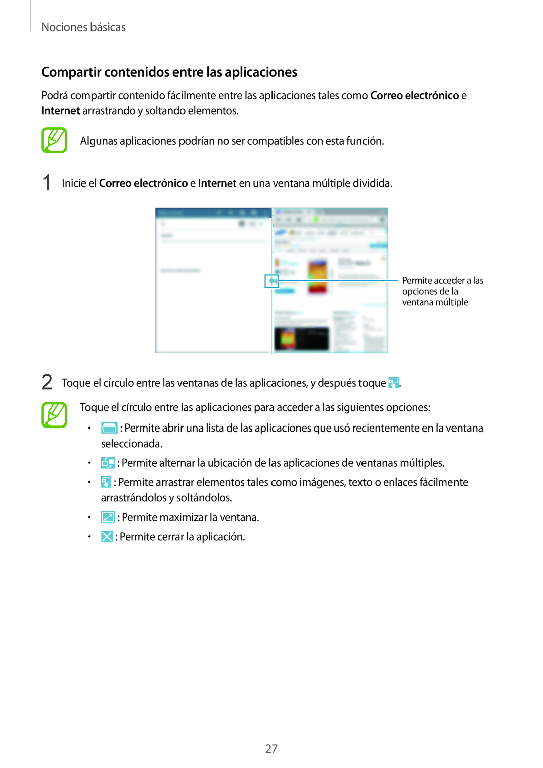 Samsung SM-P9000ZKATPH, SM-P9000ZWADBT, SM-P9000ZWATPH, SM-P9000ZKAPHE manual Compartir contenidos entre las aplicaciones 