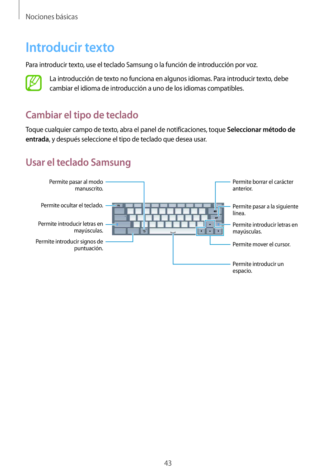 Samsung SM-P9000ZKAPHE, SM-P9000ZWADBT manual Introducir texto, Cambiar el tipo de teclado, Usar el teclado Samsung 