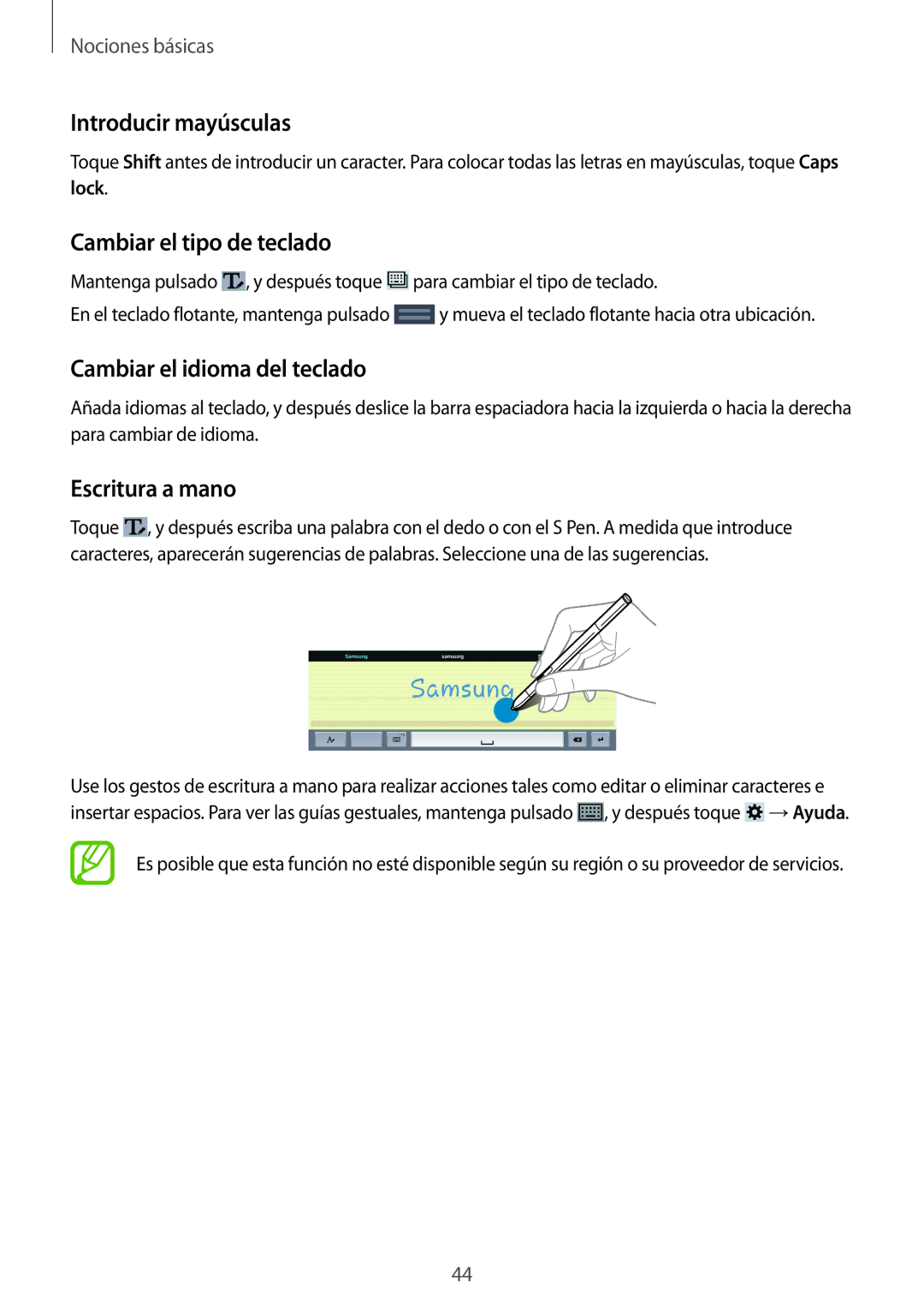 Samsung SM-P9000ZWAPHE Introducir mayúsculas, Cambiar el tipo de teclado, Cambiar el idioma del teclado, Escritura a mano 