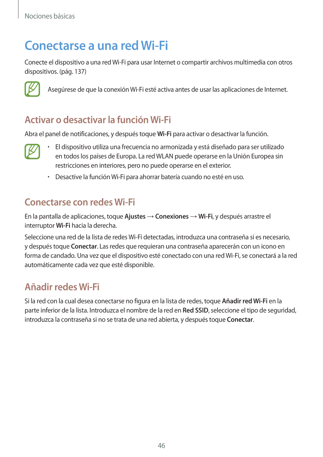 Samsung SM-P9000ZWATPH manual Conectarse a una red Wi-Fi, Activar o desactivar la función Wi-Fi, Conectarse con redes Wi-Fi 