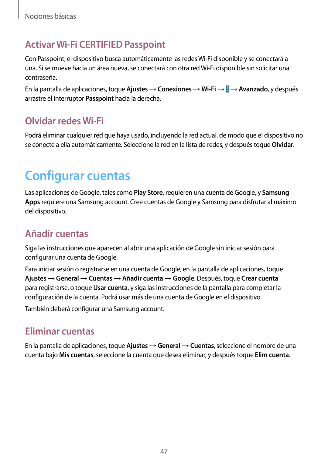 Samsung SM-P9000ZKATPH manual Configurar cuentas, Activar Wi-Fi Certified Passpoint, Olvidar redes Wi-Fi, Añadir cuentas 